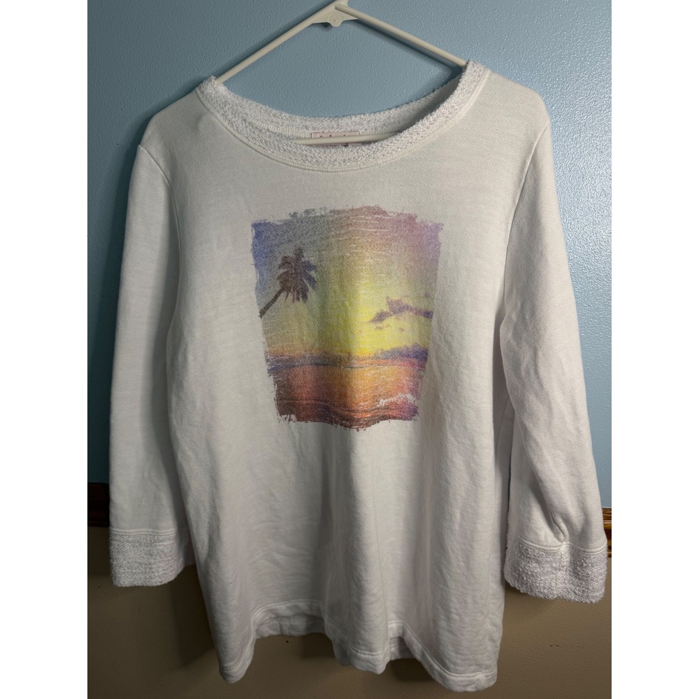 Fresh Produce Womens White Tropical Sunset Graphic Sweatshirt 3/4 Sleeve Small